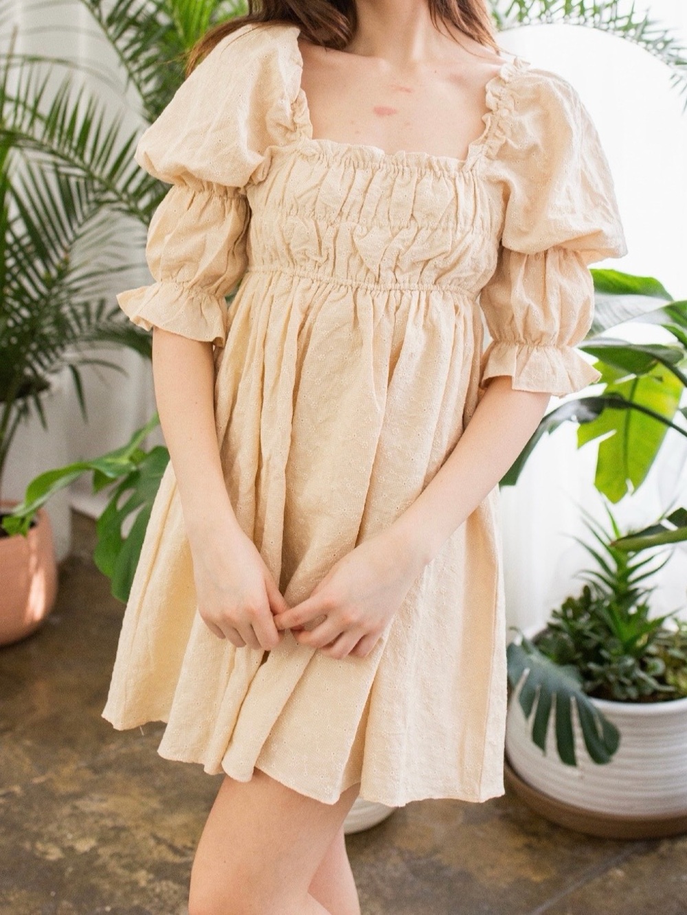 Storia Embossed Monochromatic Daisy Print Mini Dress